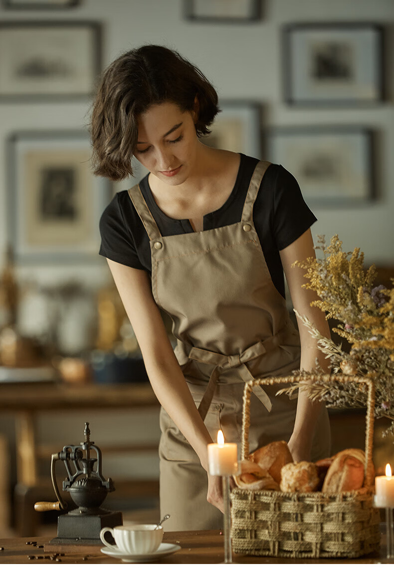 围裙家用厨房防水防油日式新款女时尚定制做饭餐饮欧缔兰深卡其色交叉