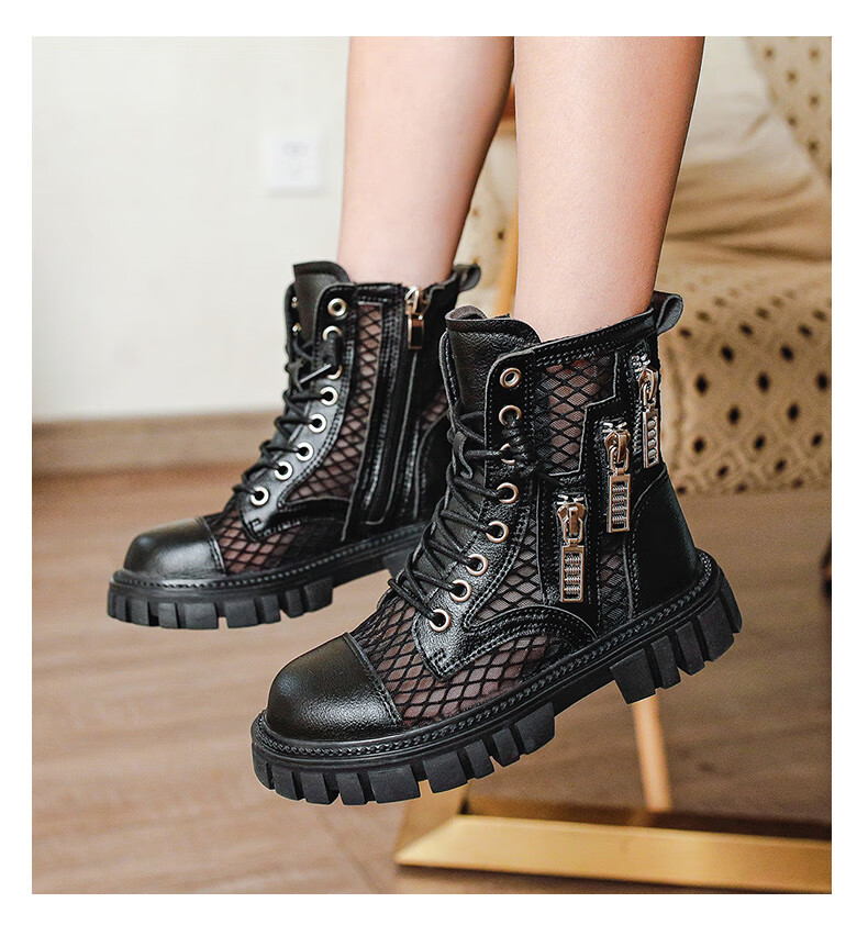 迪士尼disney新品海宁女童马丁靴年夏季新款男童透气镂空薄款靴子黑色