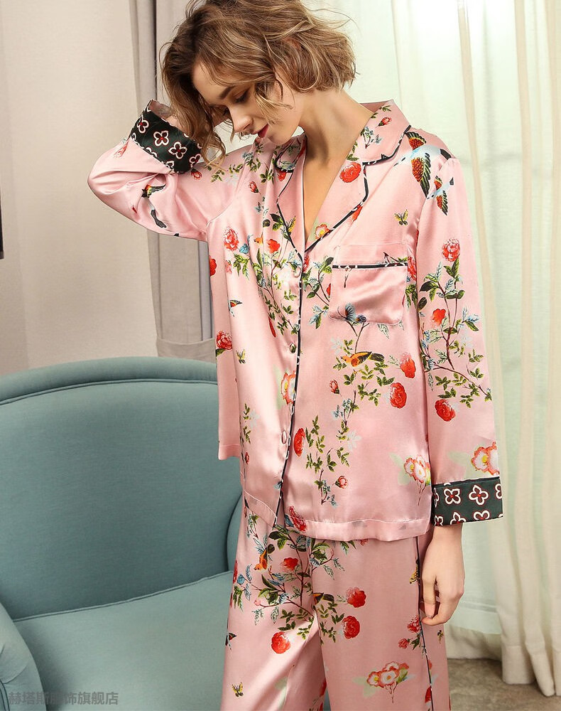 赫塔斯品牌重磅真丝睡衣女春秋长袖丝绸套装桑蚕丝家居服两件套 粉色