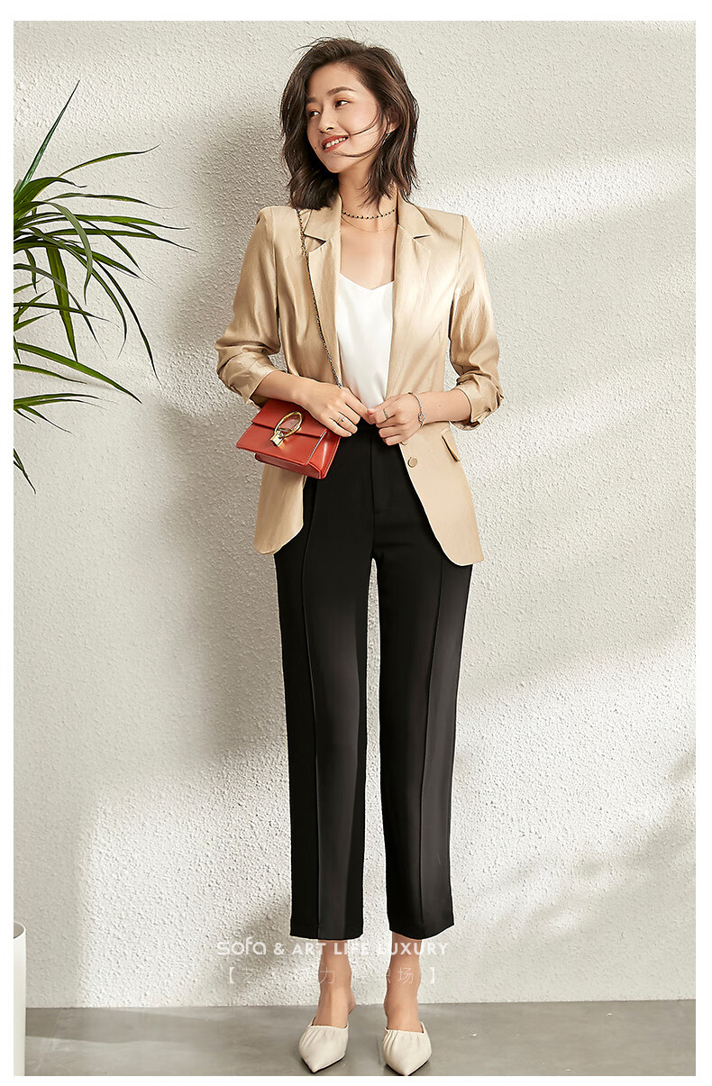 百搭七分袖西装外套女夏季薄款休闲职业西服女上衣2020新款t 92香槟色