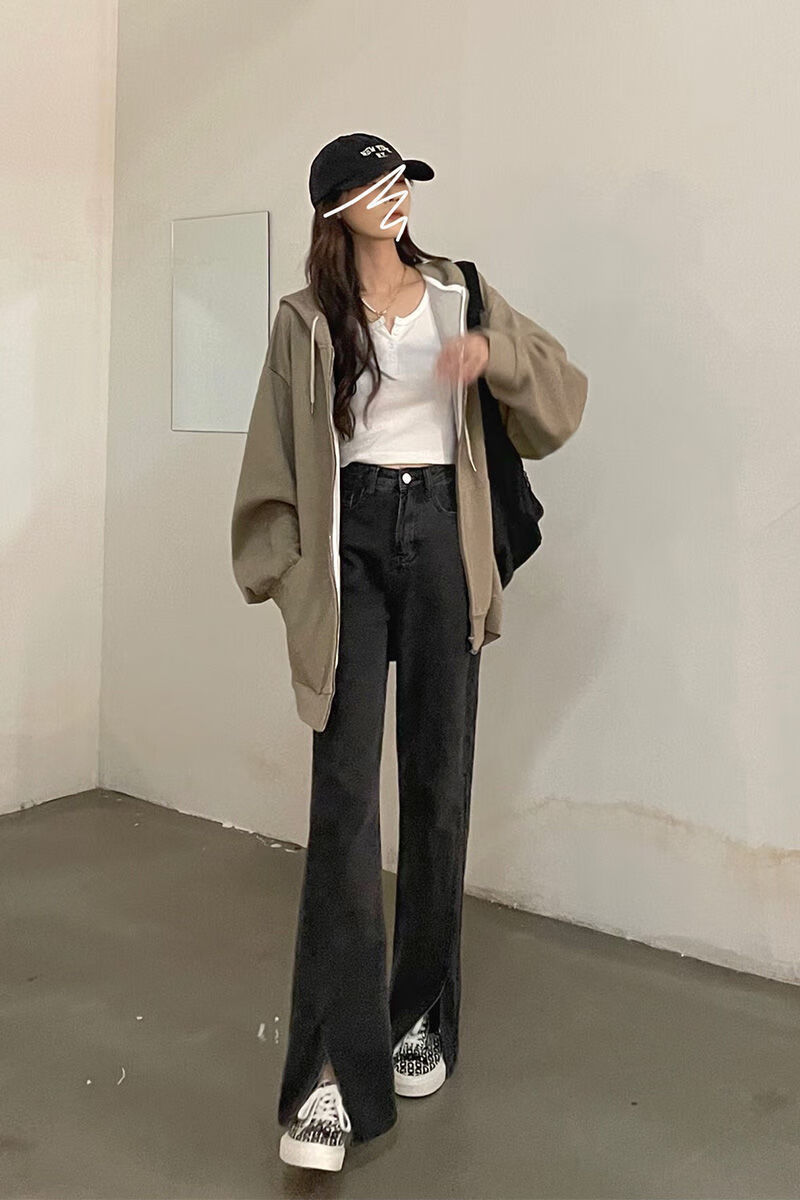 高品质牛仔裤女黑灰色开叉直筒牛仔裤女秋设计感高腰显瘦宽松阔腿拖地