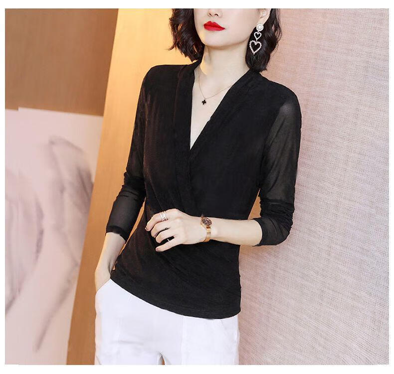 大领口大v领低胸性感女士长袖打底t恤蕾丝上衣女百搭洋气波点修身衣服