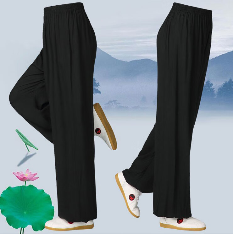 绵绸太极裤武术裤男款灯笼裤夏季纯棉练功裤女 黑色秋冬中厚款绵绸