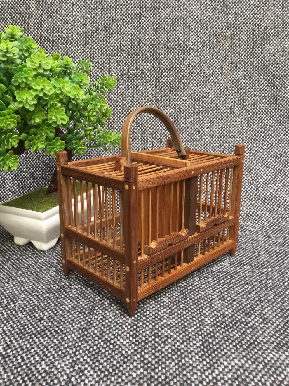 经典款两格竹笼纯手工天然竹制蝈蝈笼子鸣虫老人小孩礼品蛐蛐笼 褐色