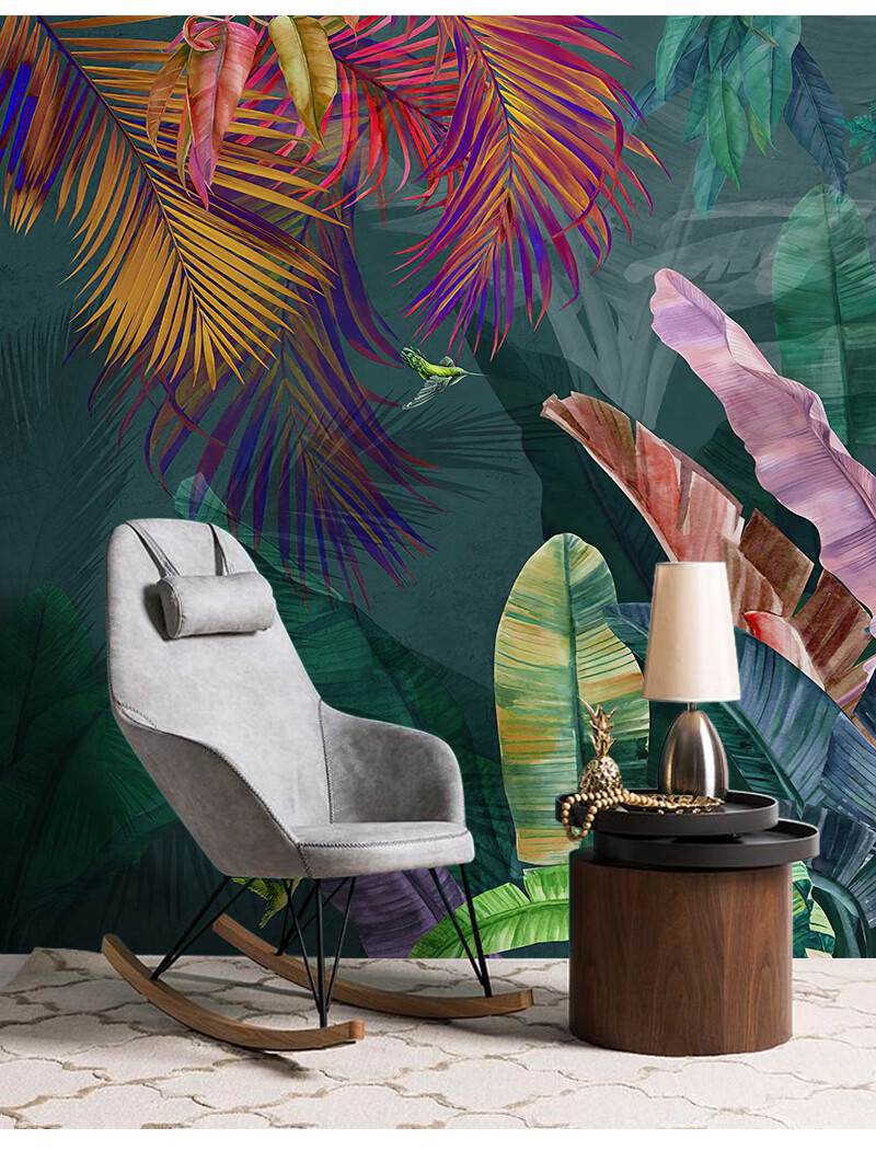 北欧手绘植物芭蕉叶壁纸客厅鹦鹉墙纸壁画电视背景墙棕叶墙布无缝闪银