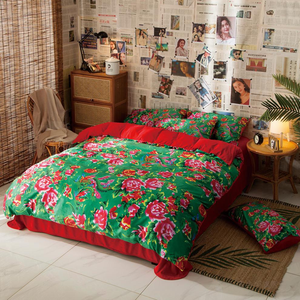 东北大花布四件套怀旧复古老式床单被套东北大花布四件套水晶绒加绒