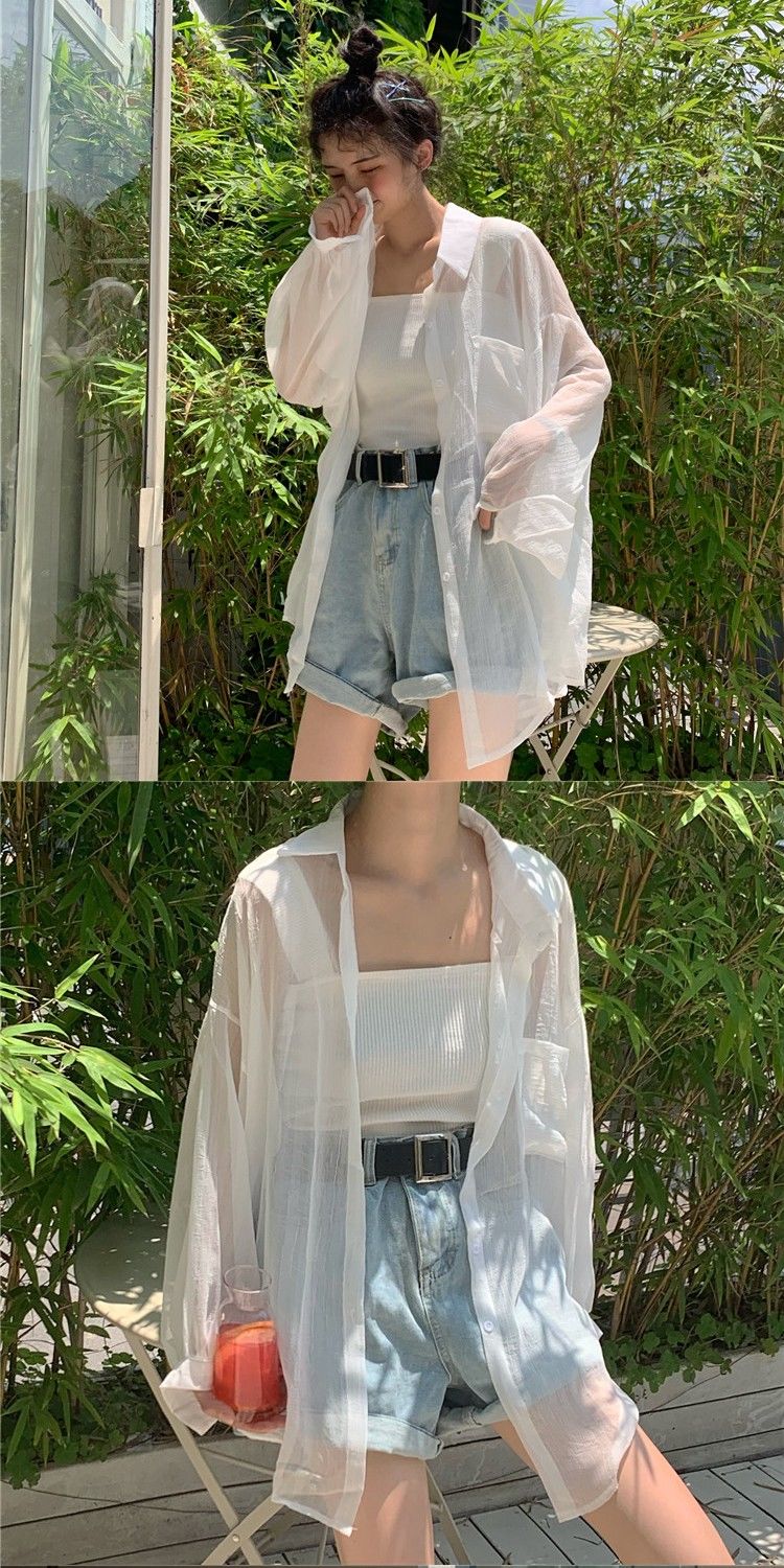 夏衣服ins潮慵懒风超仙女薄宽松长袖中长款雪纺韩版洋气外套sn1190