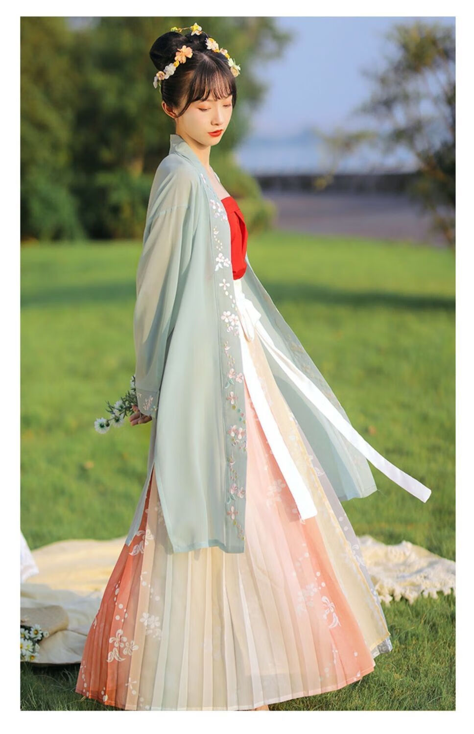 拉夏贝尔la品牌特价汉服女宋制黎春思刺绣褙子宋抹一片式对襟齐腰百迭