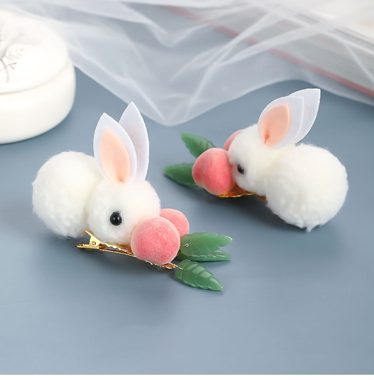 毛绒发夹古风发饰小物件可爱兔子侧边对夹儿童发卡女童边夹头饰兔子桃