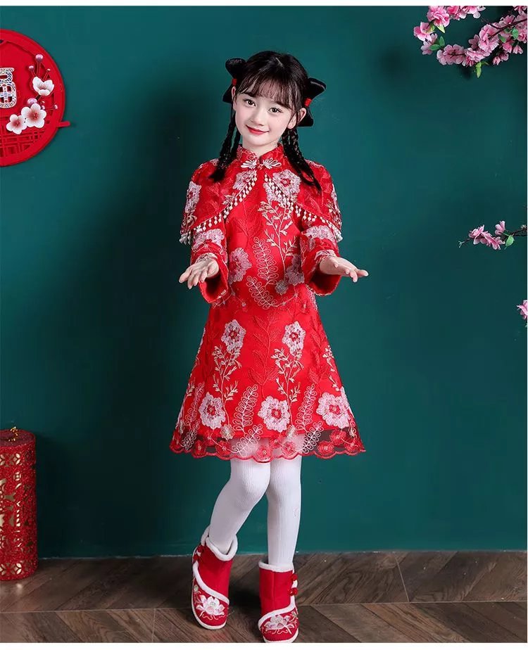 穿的拜年服女童汉服冬装中国风唐装女儿童旗袍冬裙小女孩过年喜庆衣服