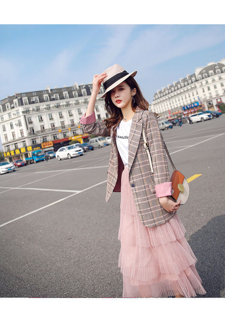 裙子女韩版宽松翻袖休闲格子小西服两件套西装裙子套装s建议90斤内