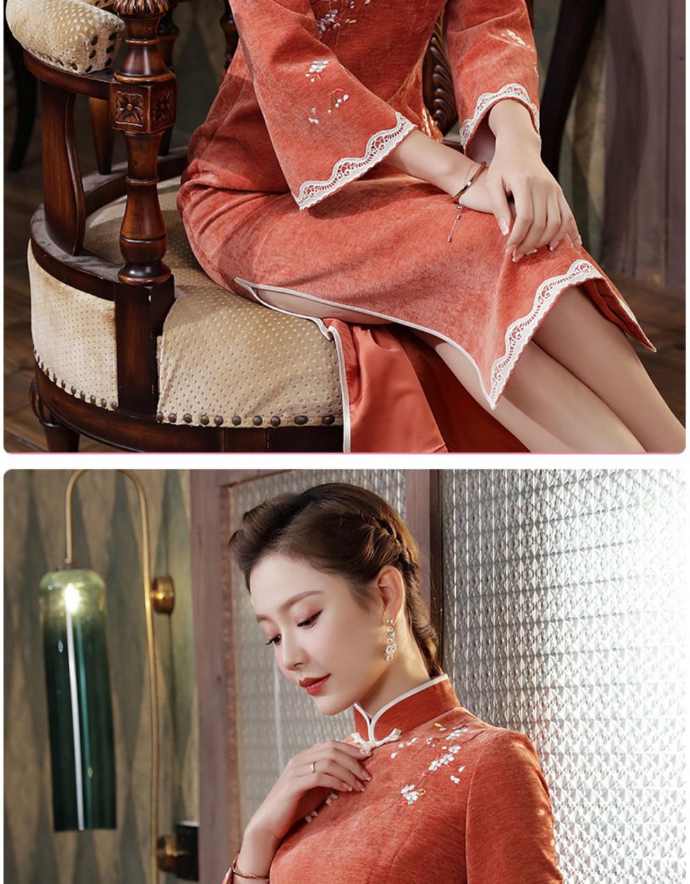 秀观唐满芳2020冬季新款丝绒呢复古绣花中长款修身民族风旗袍裙 橘