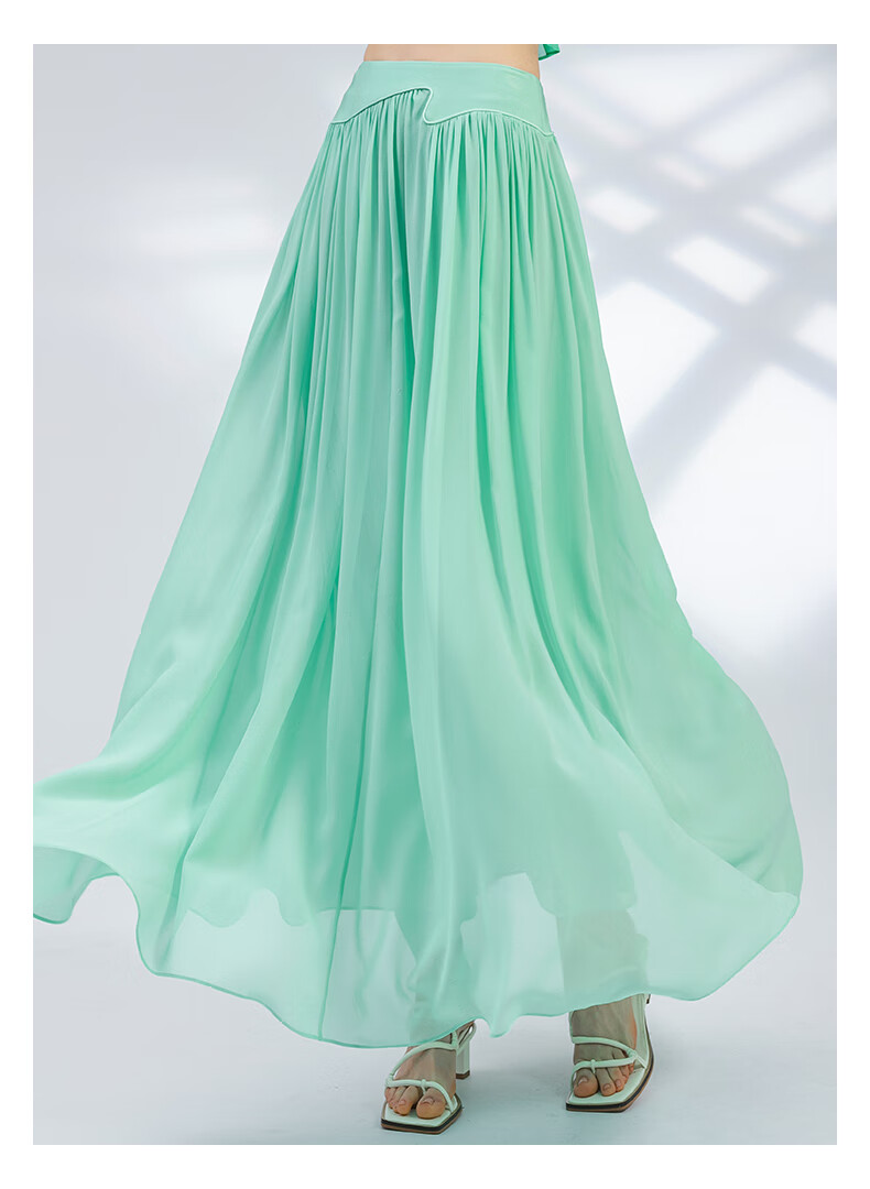 高义泰双层乔其真丝拼接砂洗丝绸自然腰碎褶大摆天青色半身长纱裙cy