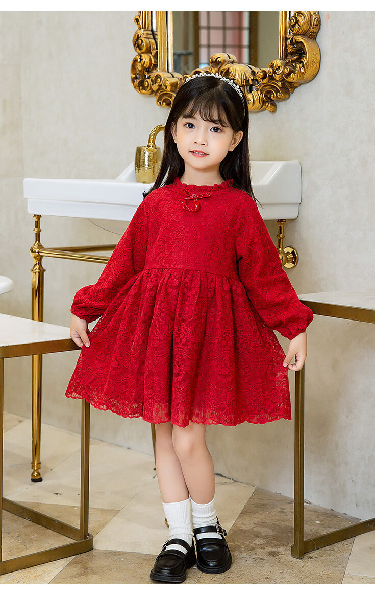 2021新款儿童装春装红色唐装拜年服加绒连衣裙子 红色旗袍款 春秋款