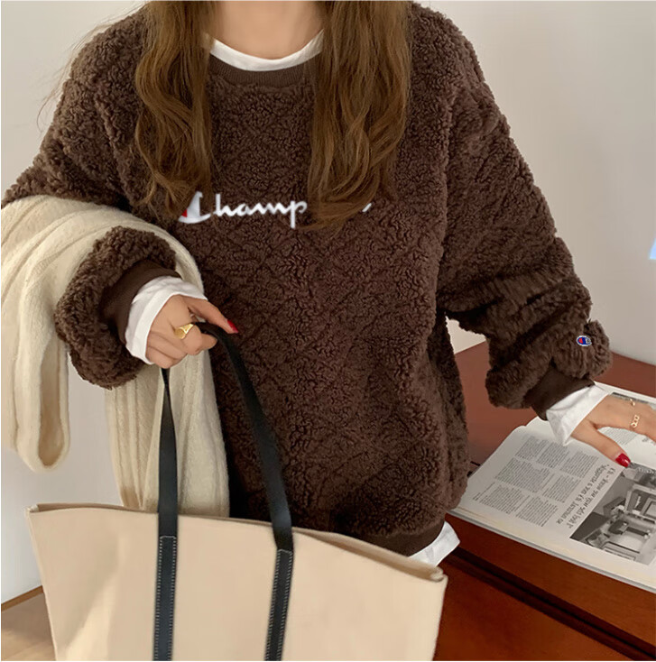 日版champion羊羔绒卫衣女外套冬季新款套头宽松圆领加厚上衣 白色 m