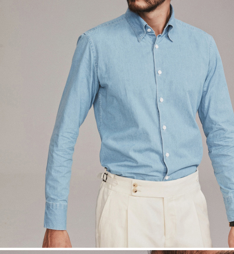 fullmonty秋季浅蓝色小暗扣领水洗牛仔衬衫男士休闲长袖浅蓝色228640