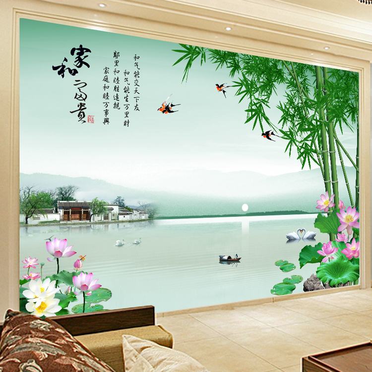 多美莱3d竹子荷花电视背景墙壁纸定制家和富贵江南山水画墙纸现代中式
