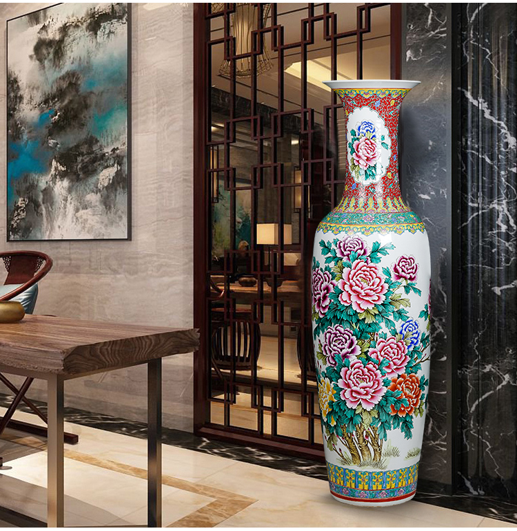 家装软饰 装饰摆件 骄意 陶瓷手绘粉彩花开富贵落地大花瓶家居客厅