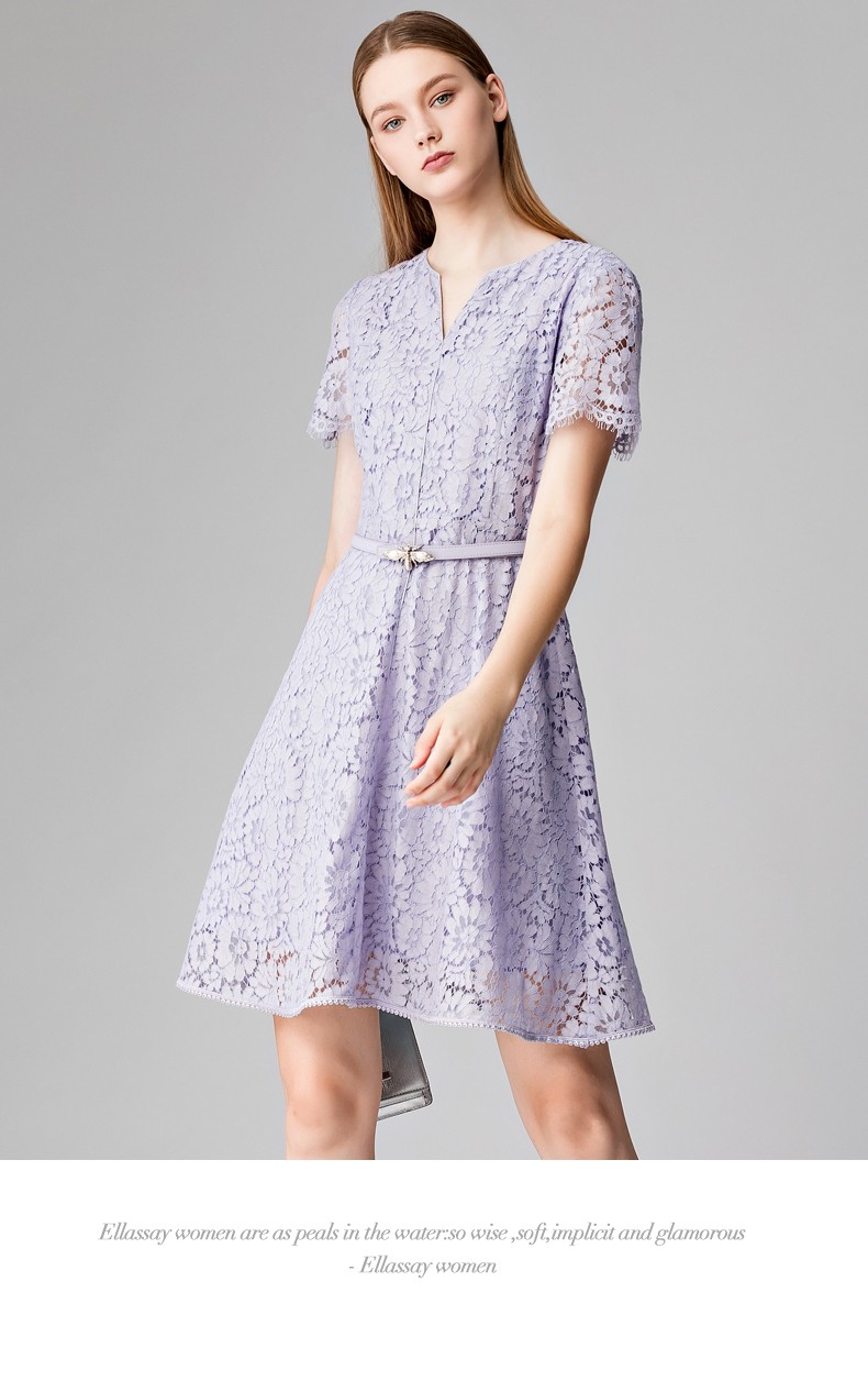 ellassay歌力思2021春夏新款 优雅蕾丝短袖收腰连衣 风信紫 s