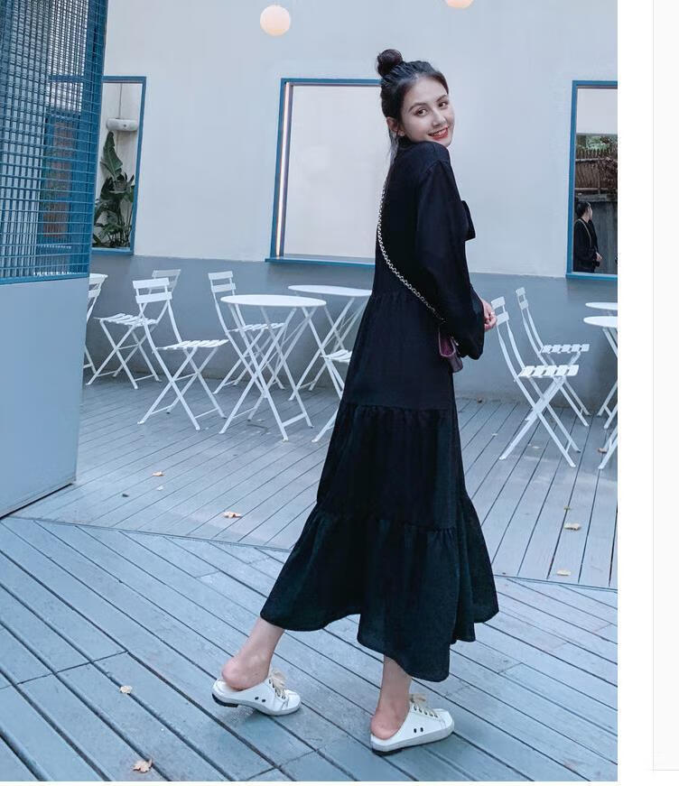 智熏裙法式桔梗裙2020初秋长袖连衣裙宽松长款裙子长裙到脚踝 黑色 xl