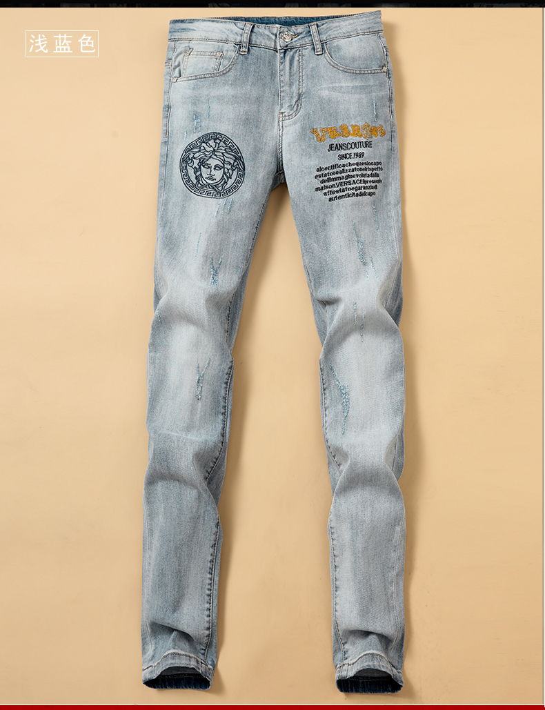 瓦萨琪 美杜沙 美人头 欧洲站欧货男装薄款刺绣立体弹力小脚牛仔裤