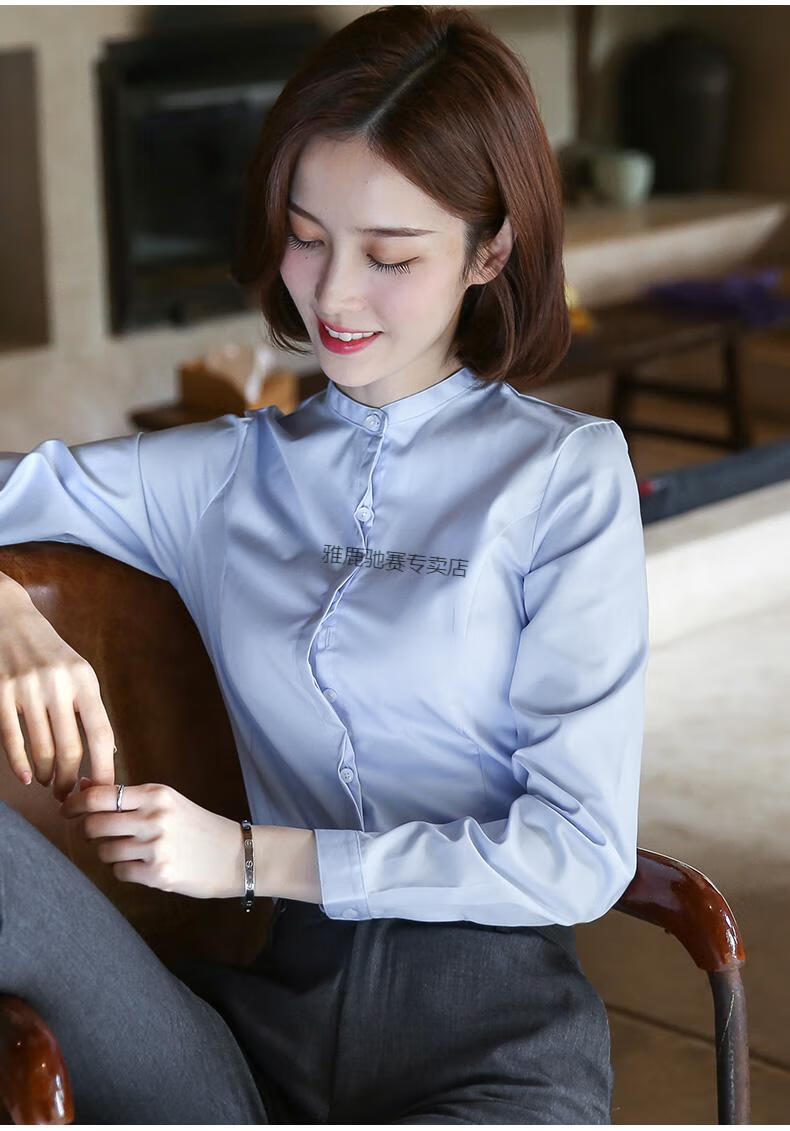 雅鹿小立领白色衬衫女长袖2022春秋新款商务正装圆领免