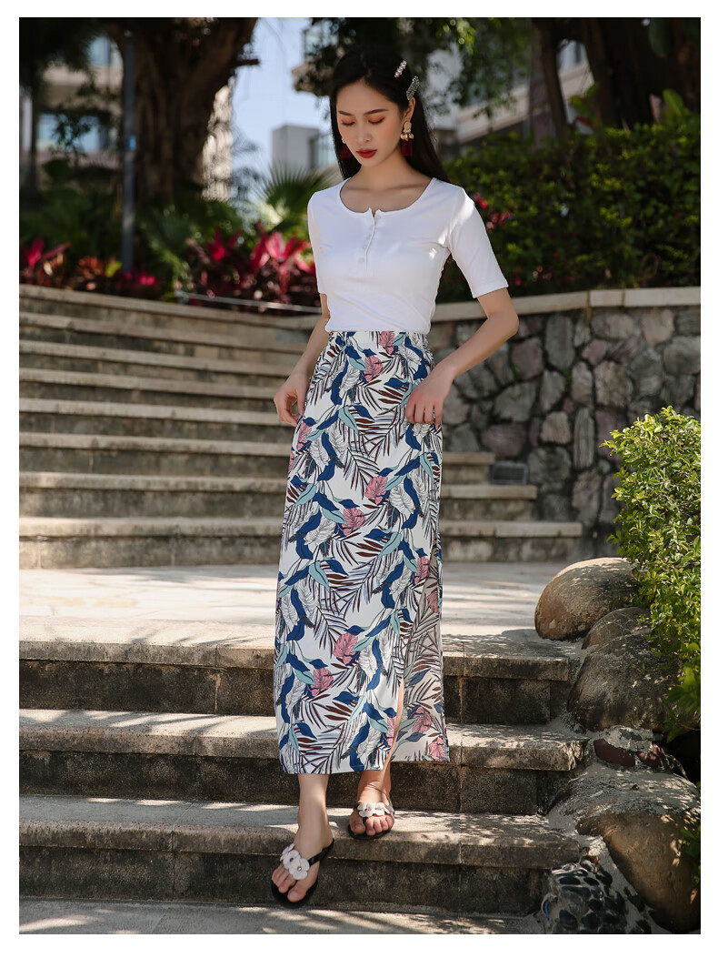 傣族服装泰国西双版纳裙直筒开叉夏休闲海边度假半身雪纺树叶印花修身