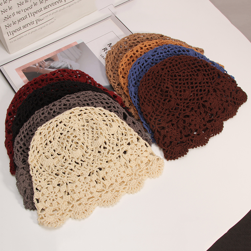 钩花镂空花朵渔网包头帽名媛淑女气质瓜皮帽棉线帽原创定制米色m5658