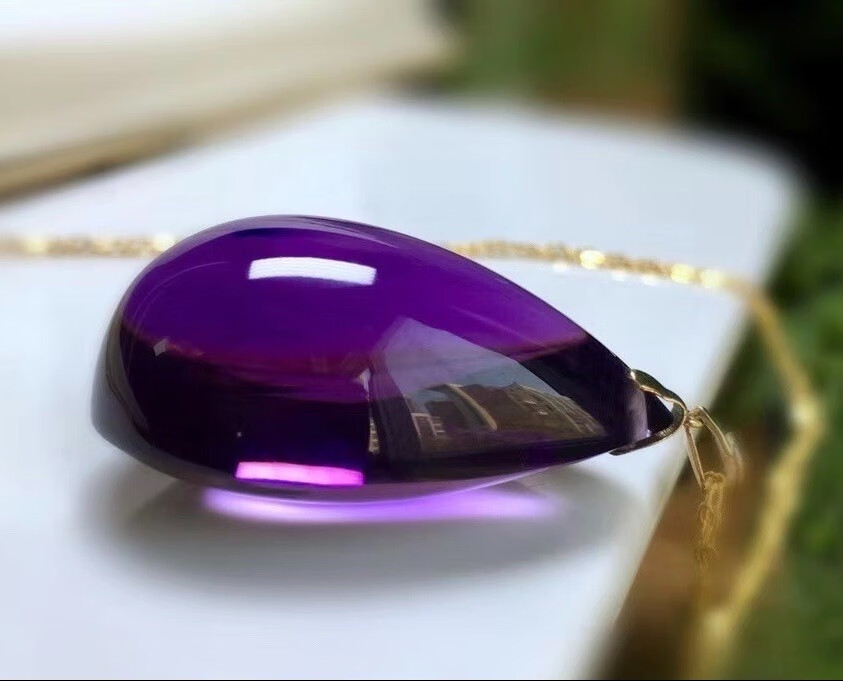 檀福匠宝石级乌拉圭紫水晶水滴吊坠项链深紫色925银女款锁骨链尺寸