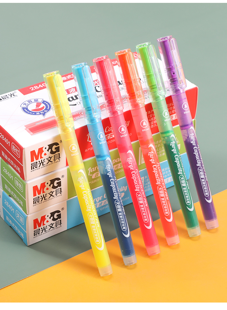 晨光文具ahm28401直液式彩色荧光笔六色大容量斜头斧型头粉红六支