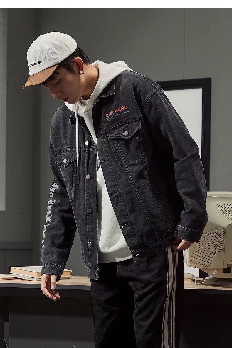 嘉晔春秋潮牌ins破洞牛仔外套男宽松黑色学生工装夹克休闲复古上衣男