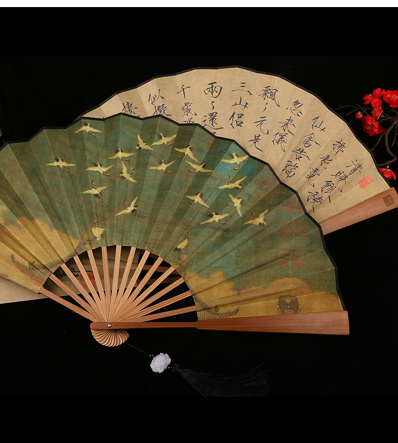 2022新款扇子男生霸气防身古风瑞鹤图宣纸折扇定制女中国风绢布汉服