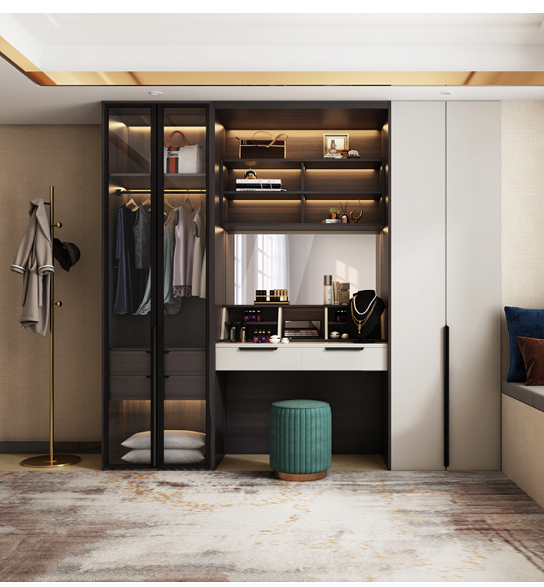 古埼笠 衣柜 衣柜梳妆台一体简约现代轻奢衣柜简易玻璃带灯家用卧室