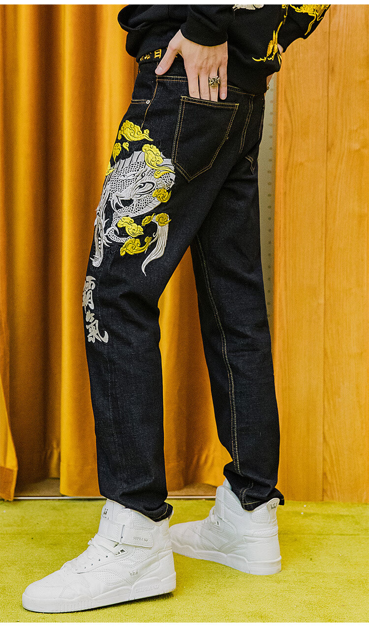 国潮余文乐福神牛仔裤福鲤青龙刺绣牛仔裤男士中国风古典绣花个性长