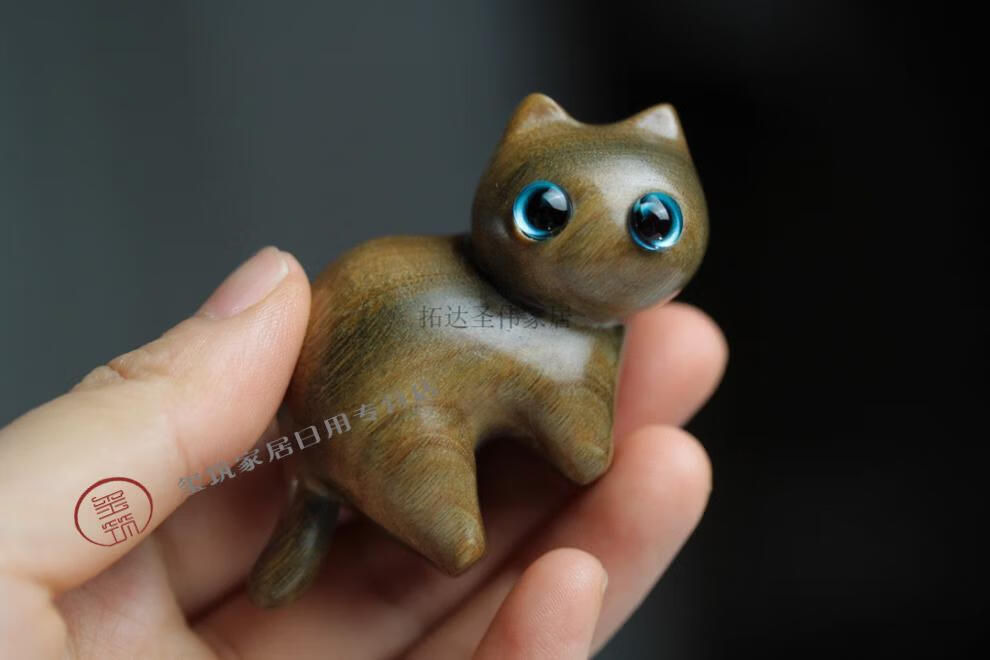 绿檀木雕刻猫木质茶宠摆件可爱猫猫手把件家居装饰品木质工艺品 绿