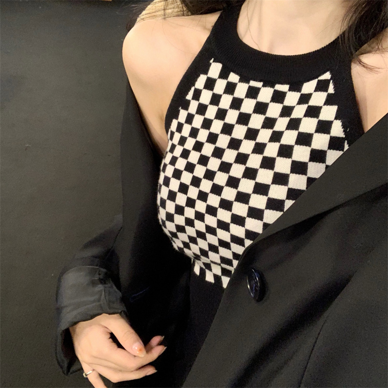 千熏酱女式吊袋2022秋冬新款千鸟格辣妹性感打底衫针织吊带背心挂脖内