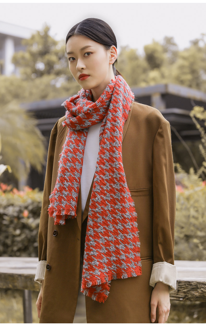 三八妇女节礼物杭丝府千鸟格纯羊绒围巾女秋冬加厚保暖季高端英伦格子