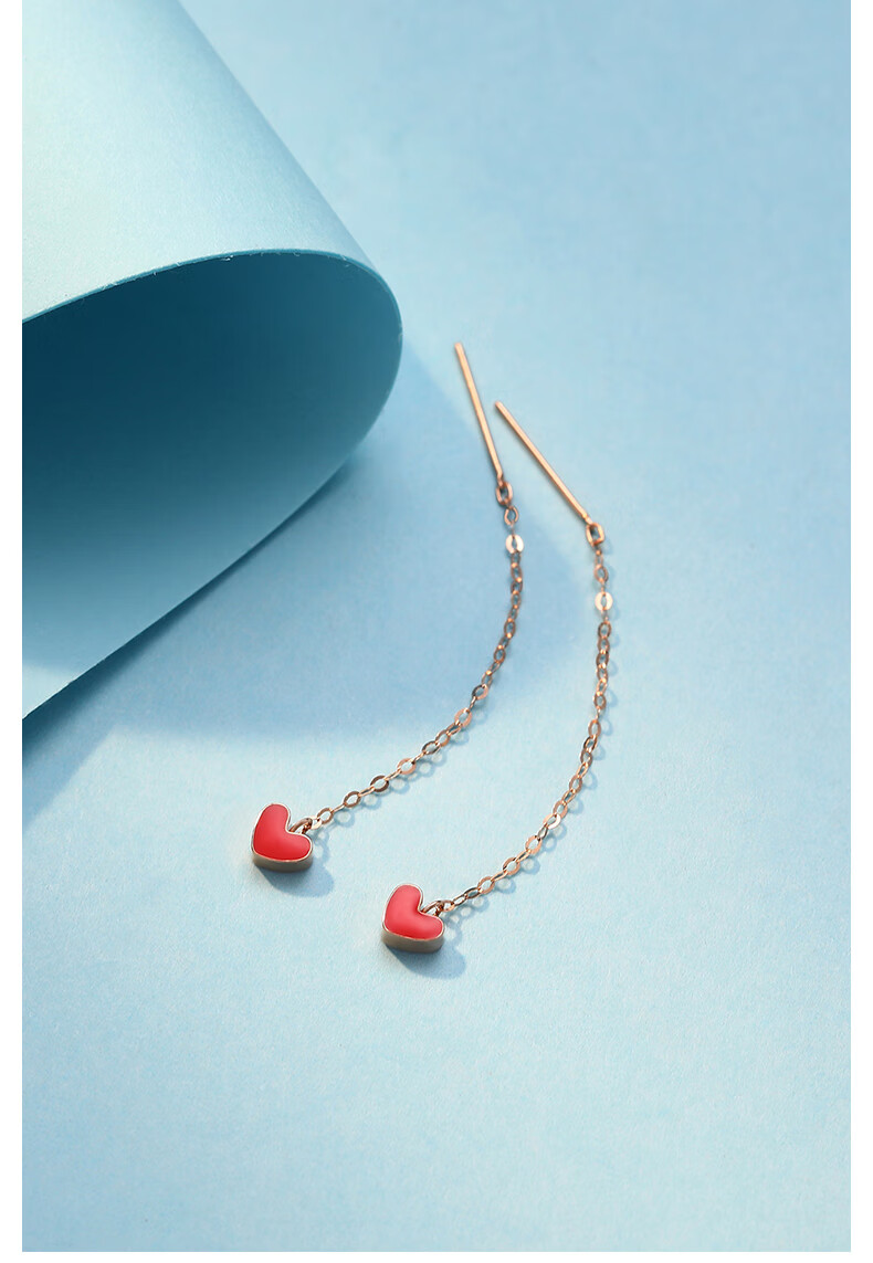 佐卡伊 玫瑰18k金耳钉耳饰时尚红心爱心k金长款耳环送女友礼物 魅力红