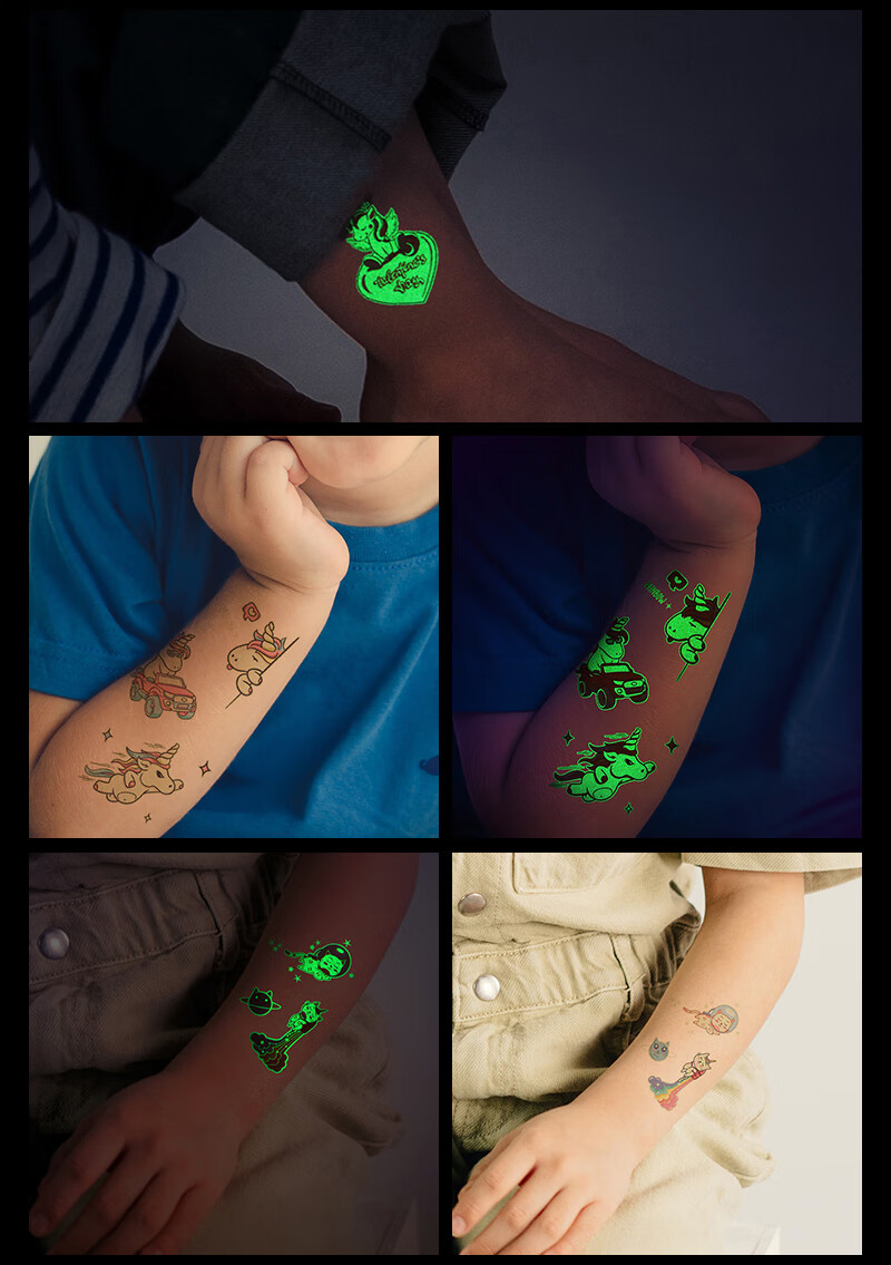 夜光独角兽纹身贴荧光儿童卡通美人鱼海洋世界安全水印花花臂防汗男女