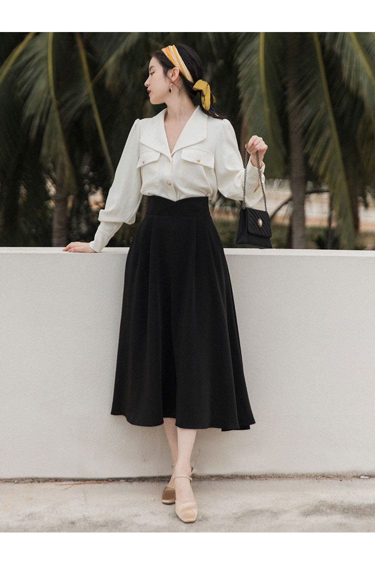 舒弗星拍照旅游穿的连衣裙早秋新款法式复古白色衬衣配黑色半身裙两件