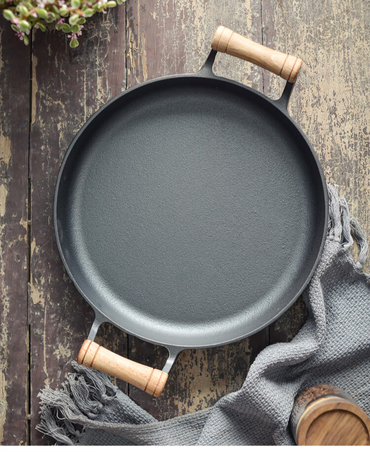 平底锅木柄家用煎饼锅铸铁烙饼鏊子摊煎饼果子工具手抓饼锅新加深35cm