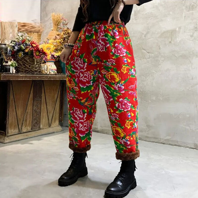 精选秋冬加绒夹棉哈伦裤女士宽松保暖花棉裤高腰外穿萝卜休闲裤女乐迪