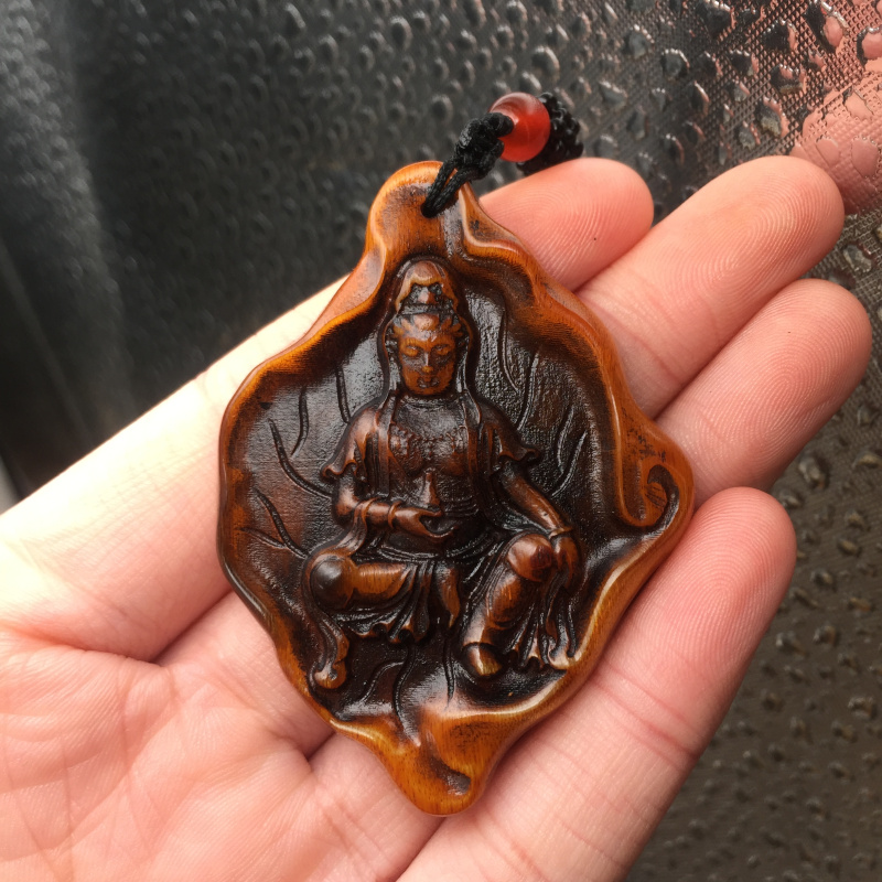 似卿古玩杂项西藏牦牛角雕刻如意观音角牌吊坠挂件牌子手把件牛角佛牌