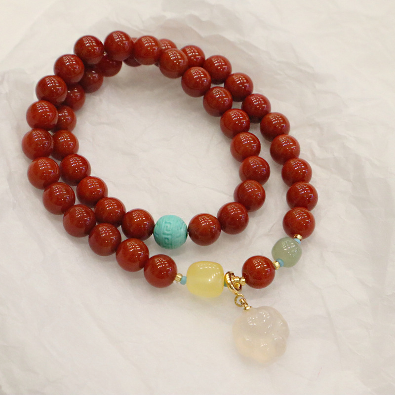 双圈南红玛瑙手链吊猫爪玉髓民族风多圈蜜蜡手串8mm南红玛瑙玉髓猫爪