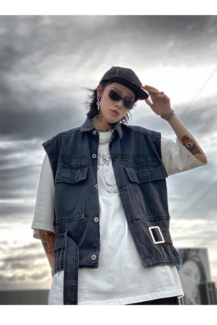 夏天夹克背心男潮牌休闲翻领帅气工装无袖牛仔马甲男背心青年春秋季外