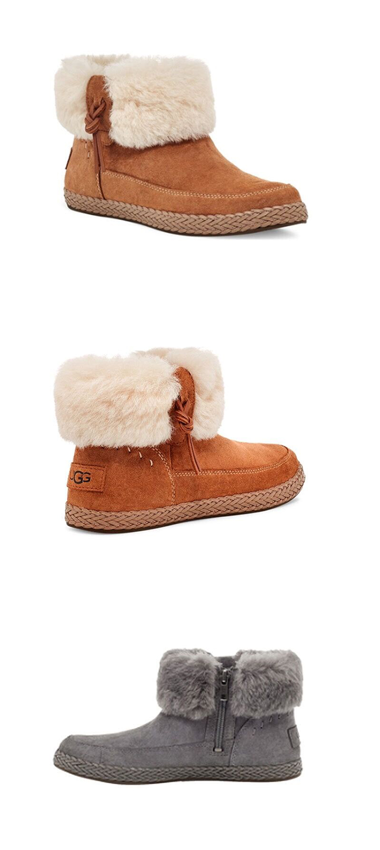 ugg女鞋2020秋冬新款女士靴子毛毛装饰保暖休闲平底短筒靴内里无毛