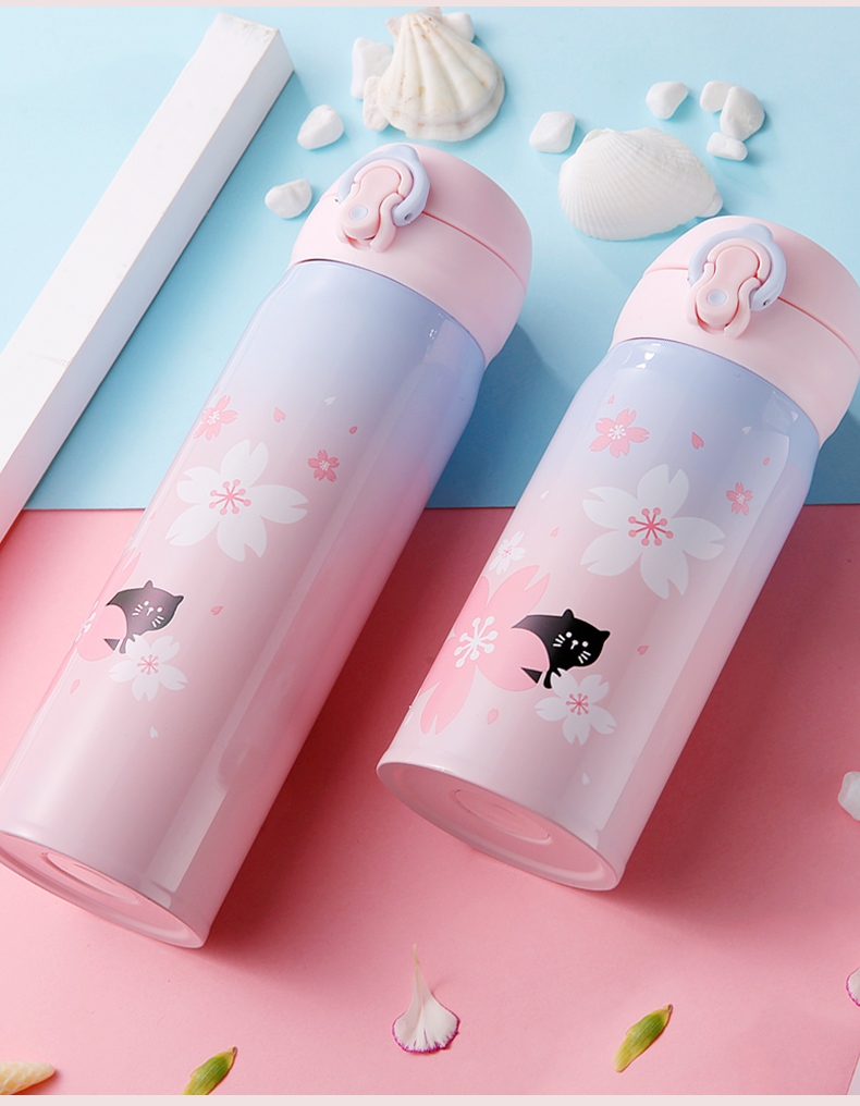 保温杯女大容量学生简约小巧便携弹跳水杯网红杯子蓝粉色黑猫350ml