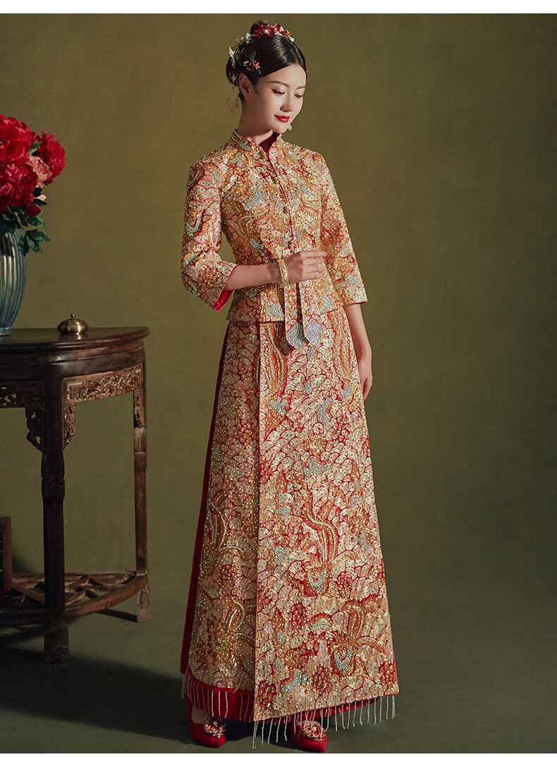 中式婚纱2022年新款新娘结婚礼服重工金色褂皇手工点钻无头丨饰套餐s