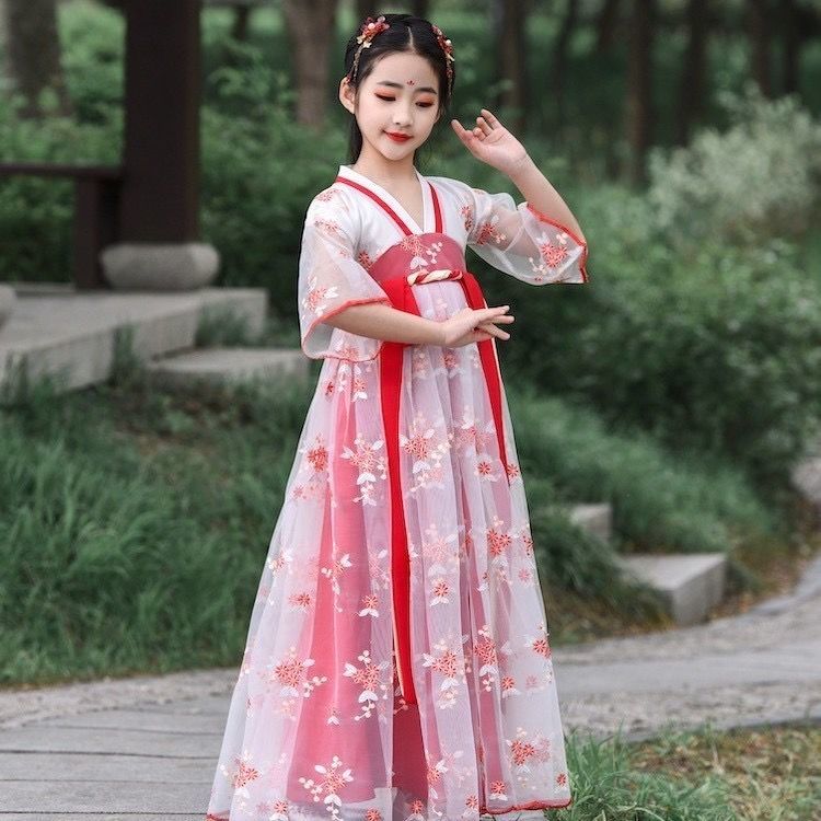 古装衣服女儿童夏天汉服女童长袖仙公主女孩学生中国风红蓝色 红色