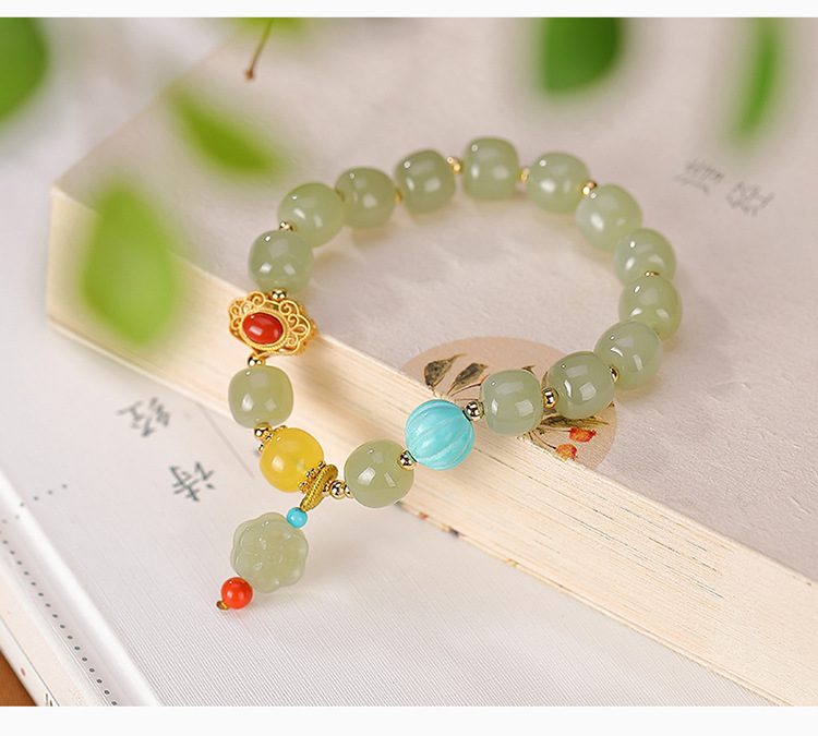 墨韵和田玉青玉手链女款复古多宝玉石串珠珠子单圈手串送妈妈长辈和田